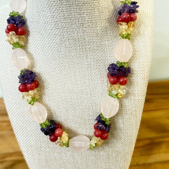 Artisan Jewelry - Fruit Salad Choker Necklace Rose & Crackle Quartz, Amethyst, Peridot, Citrine